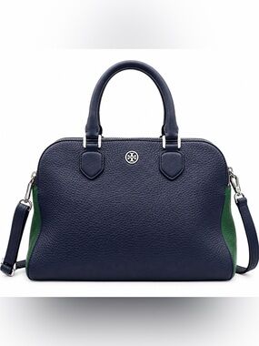 Tory Burch Navy & Green Pebbled Leather Triple Zip Satchel Crossbody